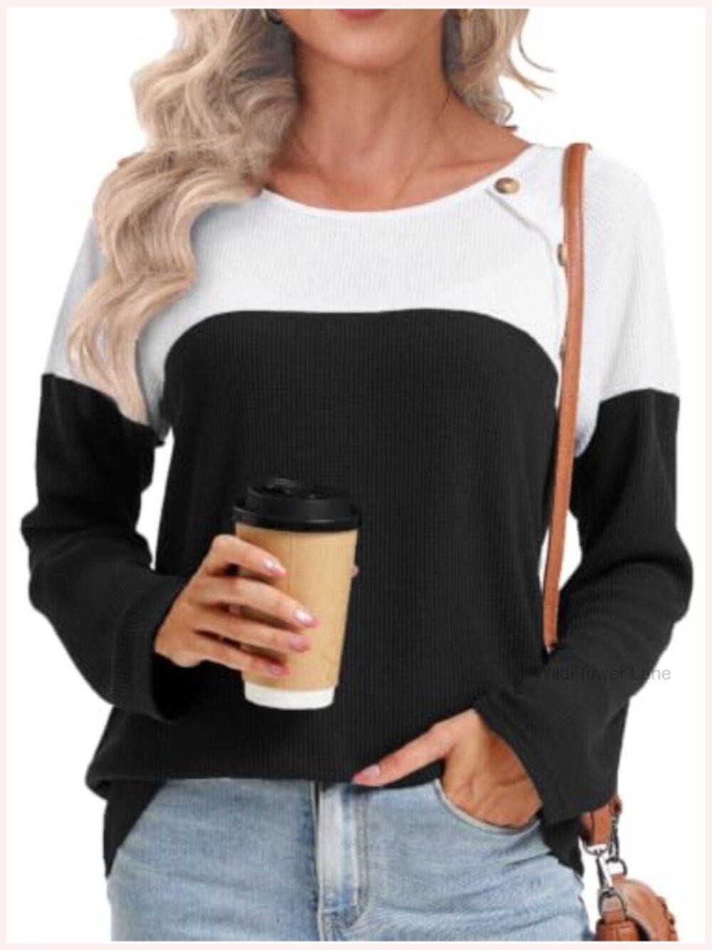 Waffle Knit Color Block Long Sleeve Crew Neck Casual T Shirt